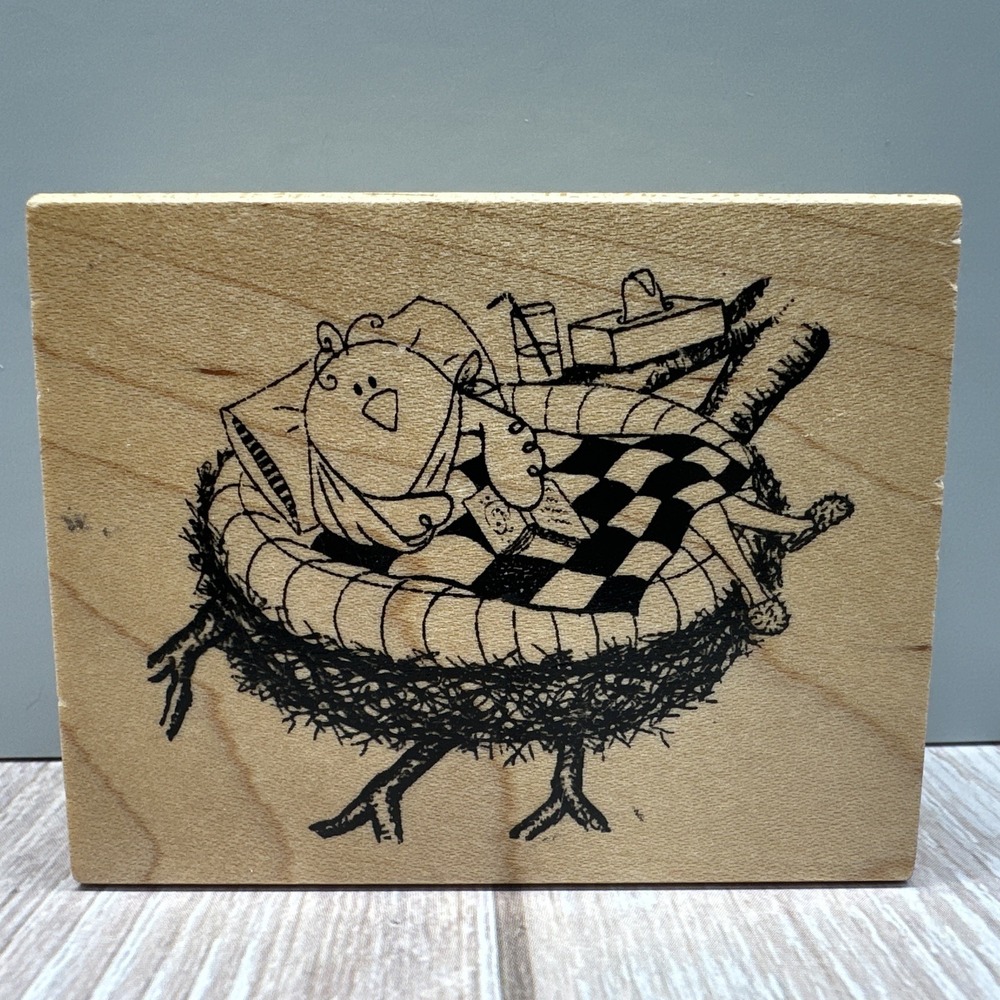 Vintage Great‎ Impressions Sick Chick In Nest Wood Mounted Rubber Stamp